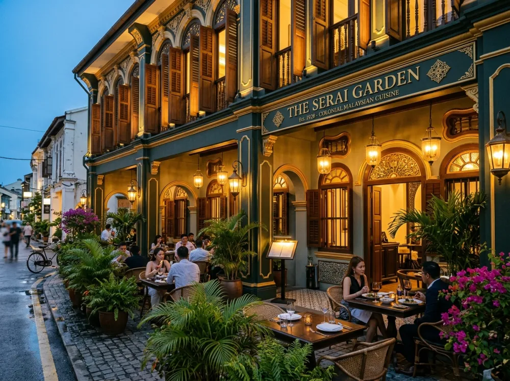 Colonial Shophouse Facade & Dusk Terrace Seating