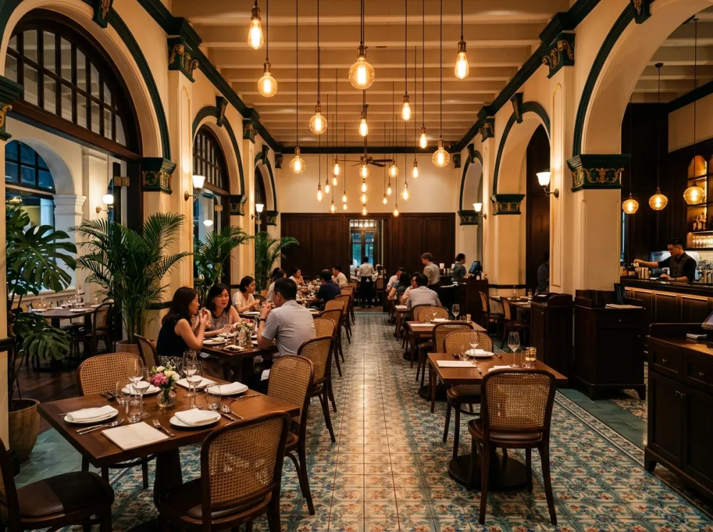 Warm Heritage Dining Hall with Peranakan Tiles & Amber Glow